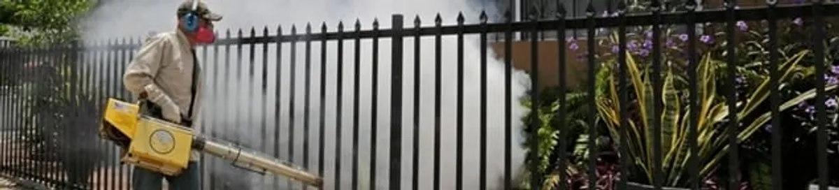 Mosquito control technician fogging a yard perimeter for mosquito reduction in Naperville, IL